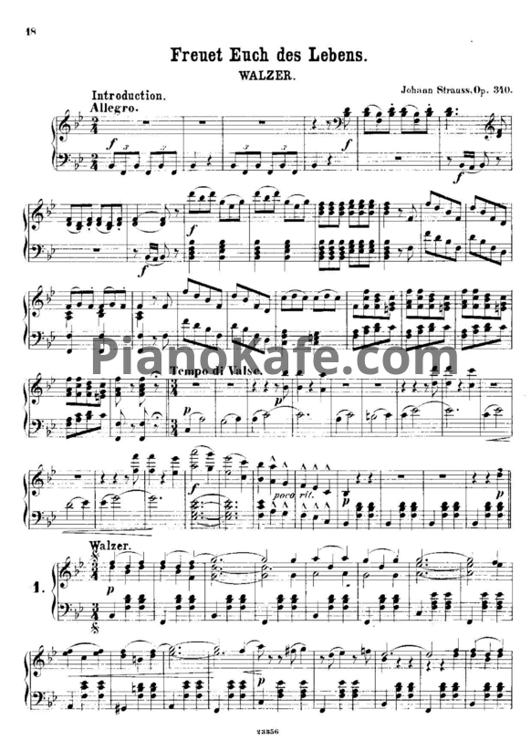 Ноты Иоганн Штраус (сын) - Вальс "Freut euch des Lebens" (Радуйтесь жизни) (Op. 340) - PianoKafe.com