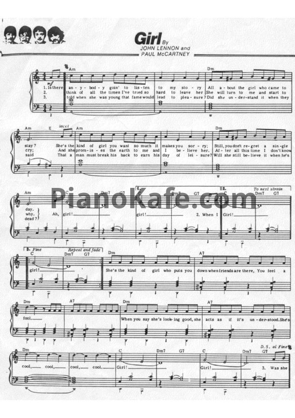 Ноты The Beatles - Girl (Версия 2) - PianoKafe.com