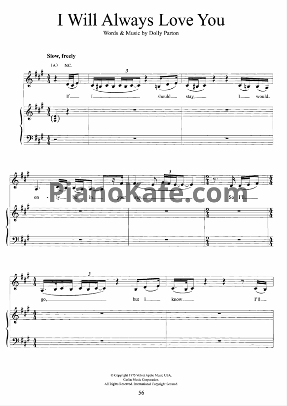 Ноты Whitney Houston - I will always love you (Версия 2) - PianoKafe.com