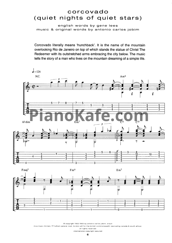 Ноты Antonio Carlos Jobim - Quiet nights of quiet stars (Corcovado) - Guitar Tabs - PianoKafe.com