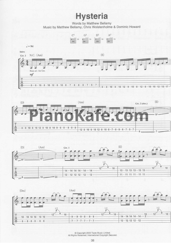 Ноты Muse - Hysteria - PianoKafe.com