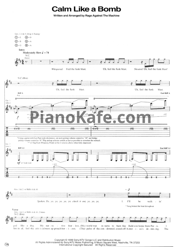 Ноты Rage Against the Machine - Calm like a bomb - PianoKafe.com
