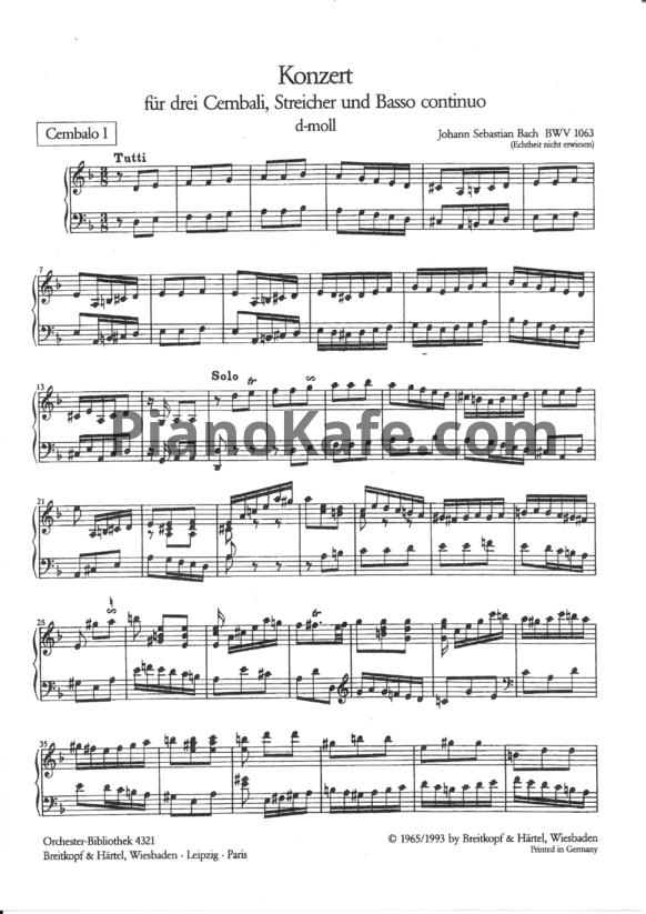 Ноты И. Бах - Концерт для трёх клавесинов с оркестром (BWV 1063) ре минор - PianoKafe.com