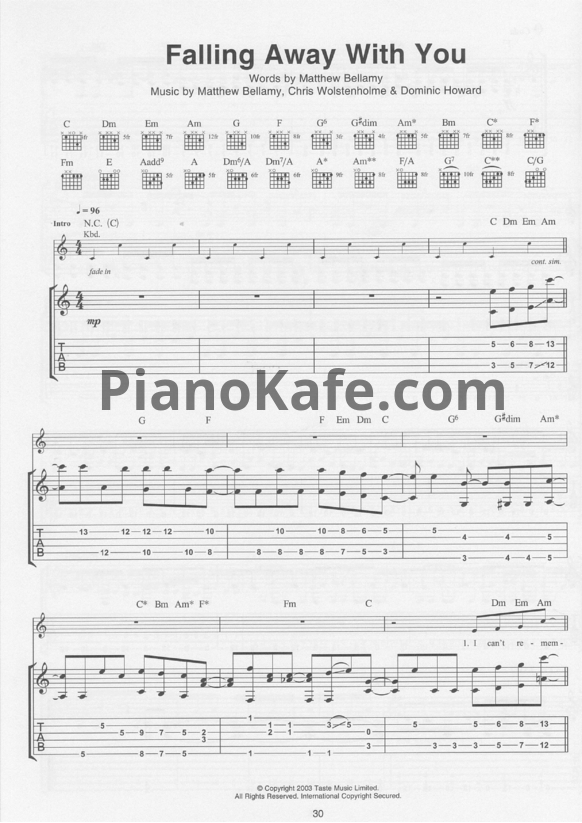 Ноты Muse - Falling away with you - PianoKafe.com
