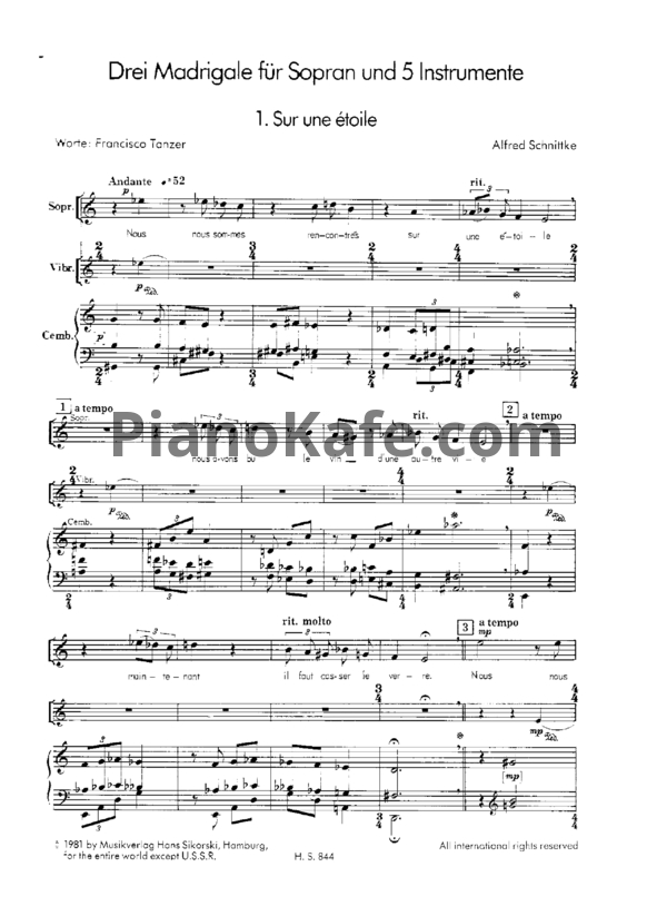 Ноты Альфред Шнитке - 3 мадригала для сопрано и пяти инструментов (Op. 144) - PianoKafe.com
