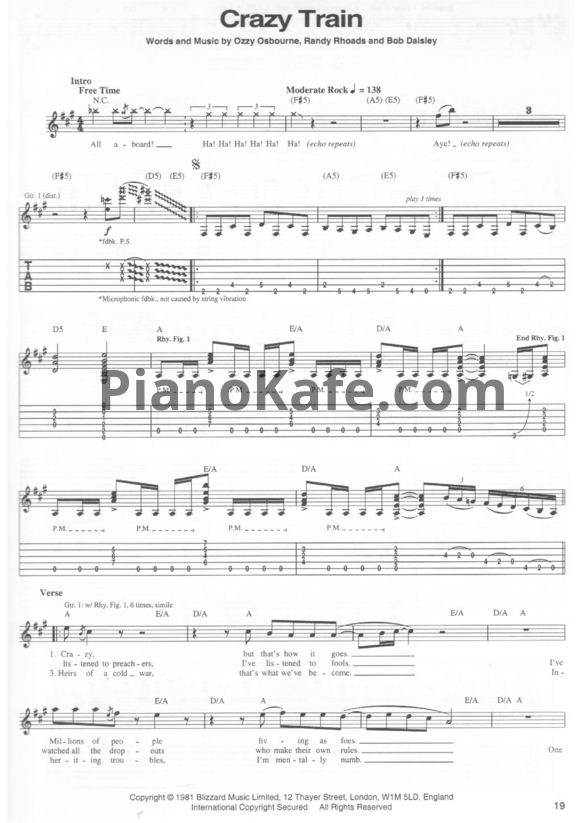 Ноты Ozzy Osbourne - Crazy train (Версия 2) - PianoKafe.com