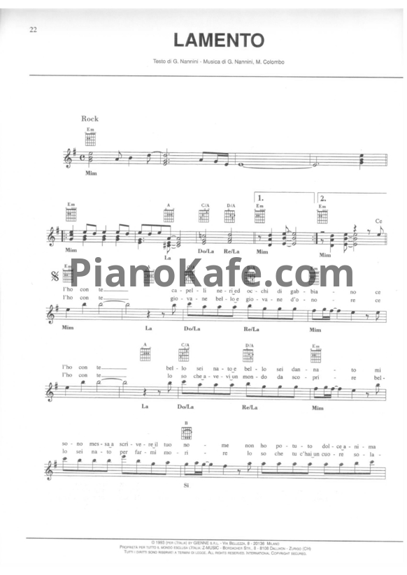 Ноты Gianna Nannini - Lamento - PianoKafe.com