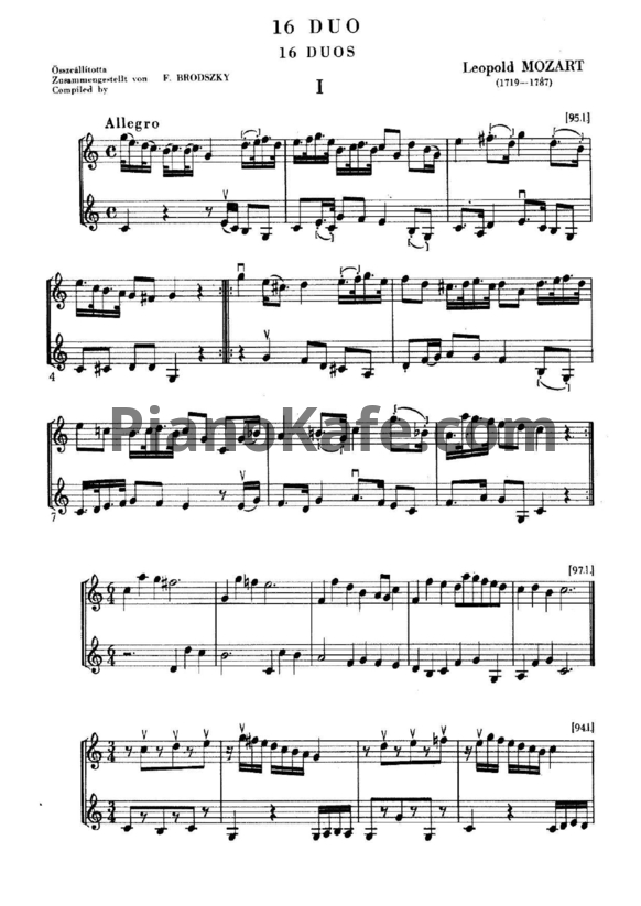 Ноты Леопольд Моцарт - Шестнадцать скрипичных дуэтов - PianoKafe.com