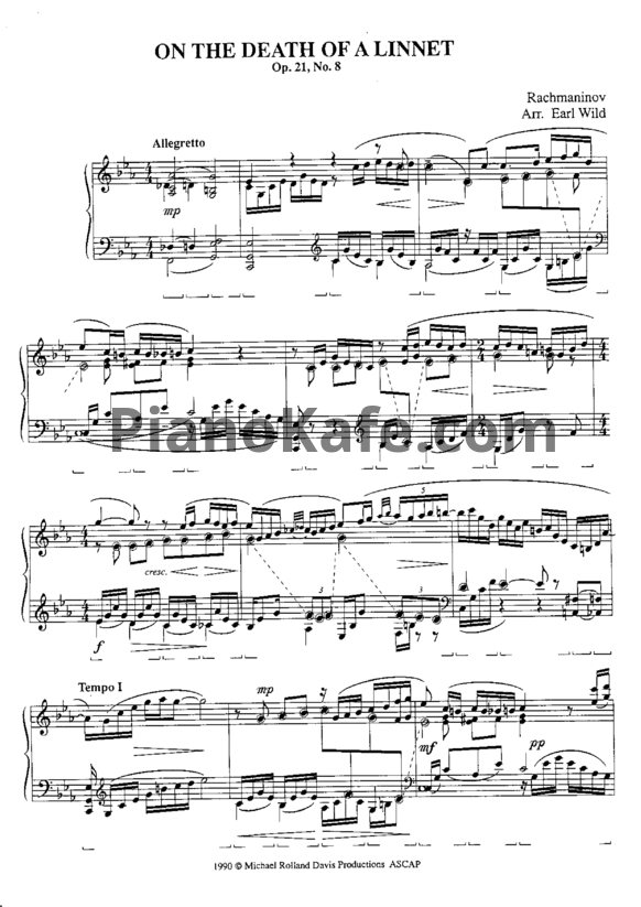 Ноты Сергей Рахманинов - On the death of a linnet (Op. 21, № 8) - PianoKafe.com