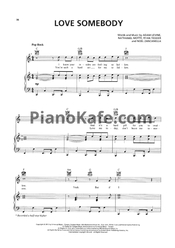 Ноты Maroon 5 - Love somebody (Версия 2) - PianoKafe.com