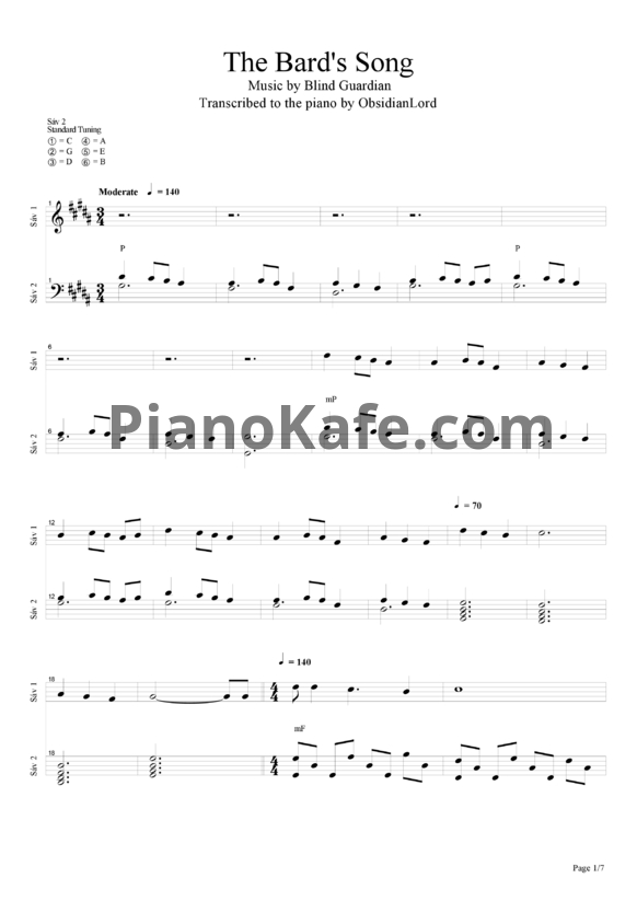 Ноты Blind Guardian - The Bard's song - PianoKafe.com