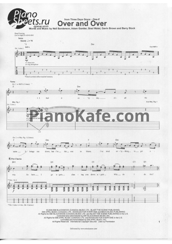 Ноты Three Days Grace - Over and Over - PianoKafe.com