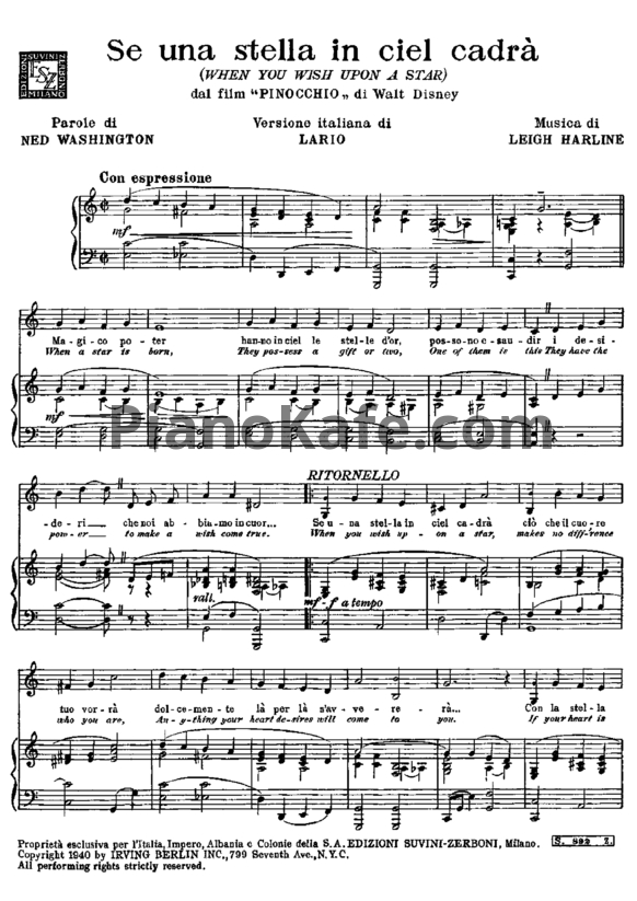 Ноты Leigh Harline - Le canzoni di Pinocchio (Книга нот) - PianoKafe.com