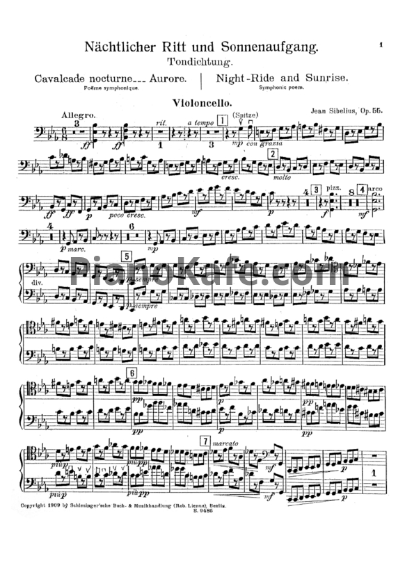 Ноты Ян Сибелиус - Симфоническая поэма "Ночная скачка и восход солнца" (Op. 55, партия виолончели) - PianoKafe.com