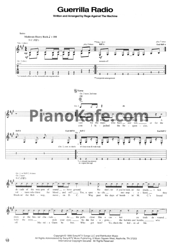Ноты Rage Against the Machine - Guerrilla radio - PianoKafe.com
