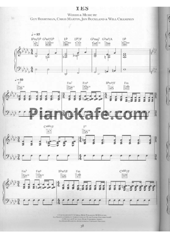 Ноты Coldplay - Yes - PianoKafe.com