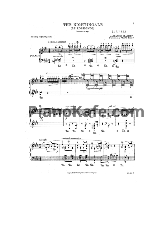 Ноты Ф. Лист - (Алябьев) Фортепианная транскрипция романса `Соловей` (S.250, № 1) - PianoKafe.com