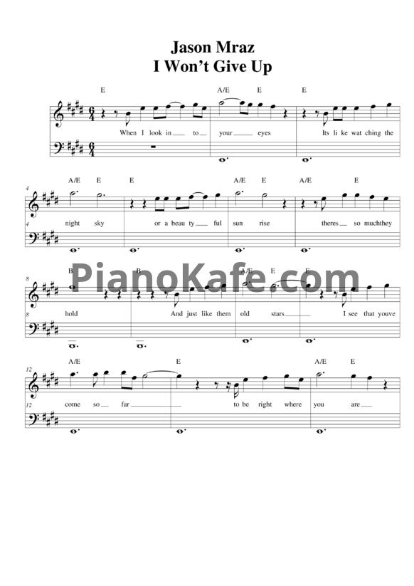 Ноты Jason Mraz - I won't give up - PianoKafe.com