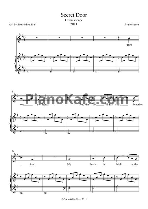 Ноты Evanescence - Secret door - PianoKafe.com
