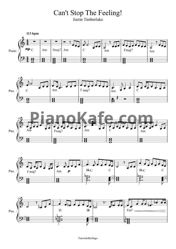 Ноты Justin Timberlake - Can't stop the feeling - PianoKafe.com
