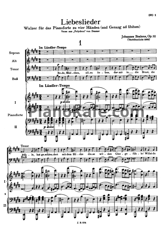 Ноты И. Брамс - "Песни любви" - 18 вальсов для вокального квартета и фортепианного дуэта (Op. 52) - PianoKafe.com