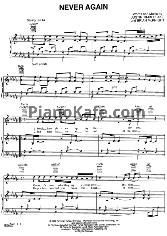 Ноты Justin Timberlake - Never again - PianoKafe.com