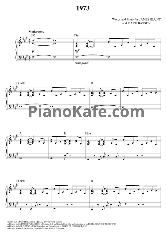 Ноты James Blunt - 1973 - PianoKafe.com