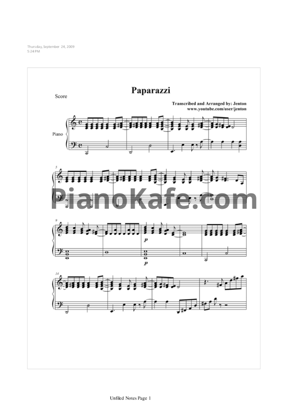 Ноты Lady Gaga -  Paparazzi (Piano Acoustic) - PianoKafe.com