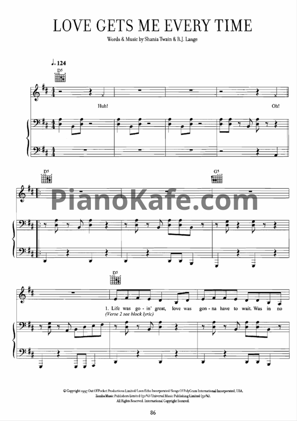 Ноты Shania Twain - Love gets me every time - PianoKafe.com