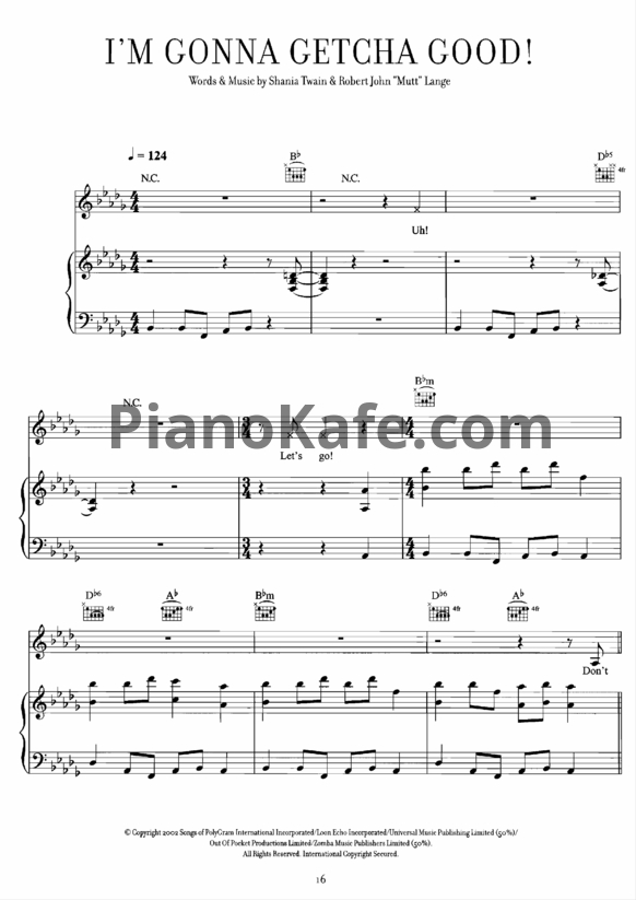 Ноты Shania Twain - I'm gonna getcha good! - PianoKafe.com