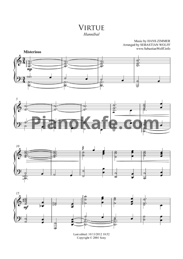 Ноты Hans Zimmer - Virtue - PianoKafe.com