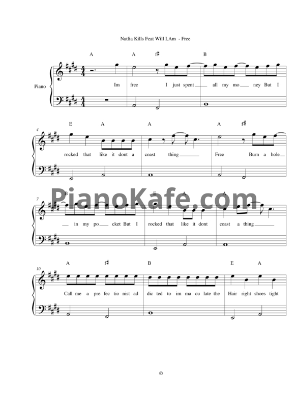 Ноты Natalia Kills feat. Will.i.am - Free - PianoKafe.com