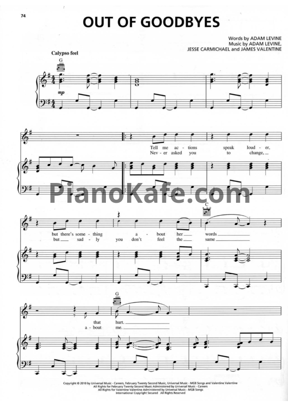 Ноты Maroon 5 feat. Lady Antebellum - Out of goodbyes - PianoKafe.com
