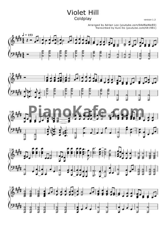Ноты Coldplay - Violet hill (Adrian Lee version) - PianoKafe.com