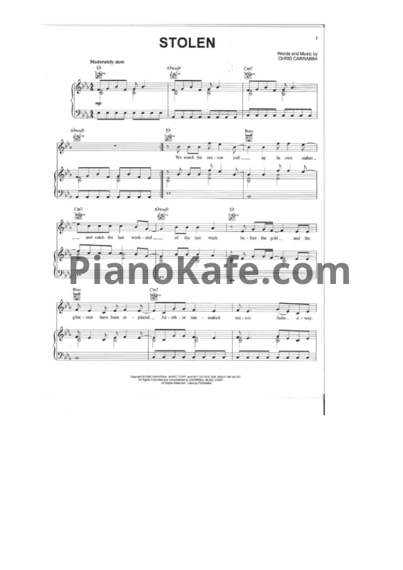 Ноты Dashboard Confessional - Stolen - PianoKafe.com