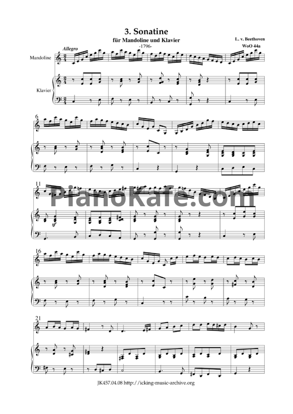 Ноты Л. В. Бетховен - Sonatine fur Mandoline und Klavier - PianoKafe.com