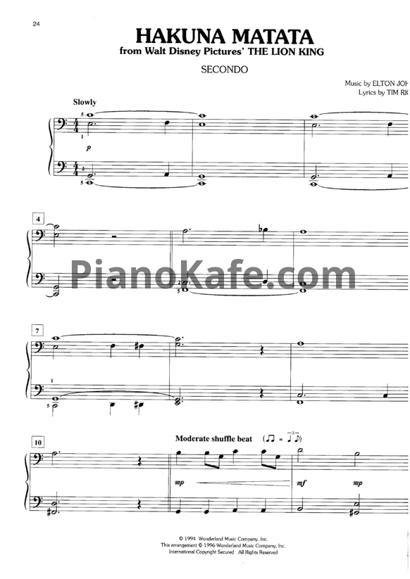 Ноты Elton John - Hakuna Matata (для 2 фортепиано) - PianoKafe.com