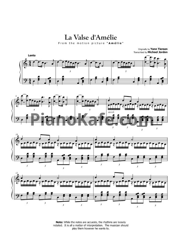 Ноты Yann Tiersen - La valse d'Amelie (Transcribed by Michael Jordan) - PianoKafe.com