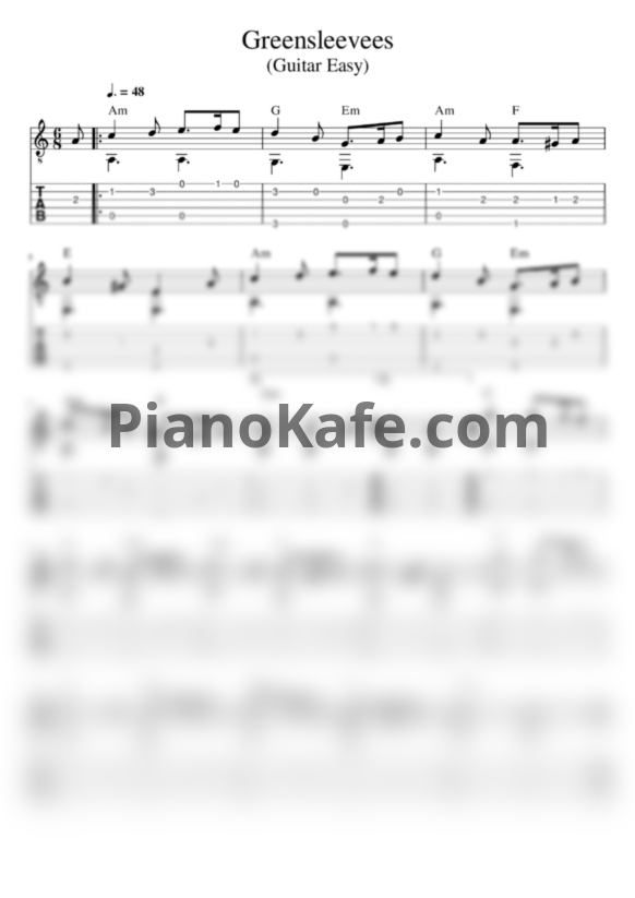 Ноты Английская народная песня - Greensleevees (Guitar Easy) - PianoKafe.com