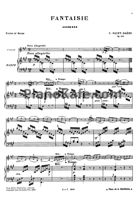 Ноты Камиль Сен-Санс - Фантазия для скрипки и арфы ля мажор (Op. 124) - PianoKafe.com