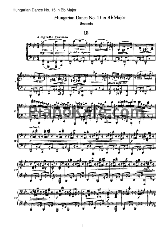 Ноты Иоганнес Брамс - Венгерский танец №15 си бемоль-мажор (для фортепиано в 4 руки) - PianoKafe.com