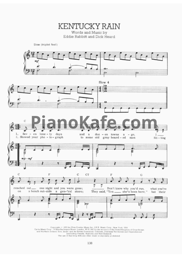 Ноты Elvis Presley - Kentucky rain - PianoKafe.com