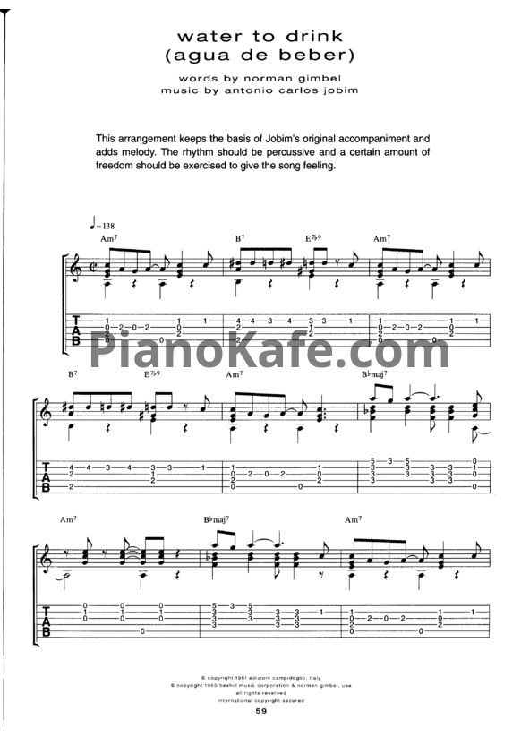 Ноты Antonio Carlos Jobim - Water to drink (Voice and Guitar tabs) - PianoKafe.com