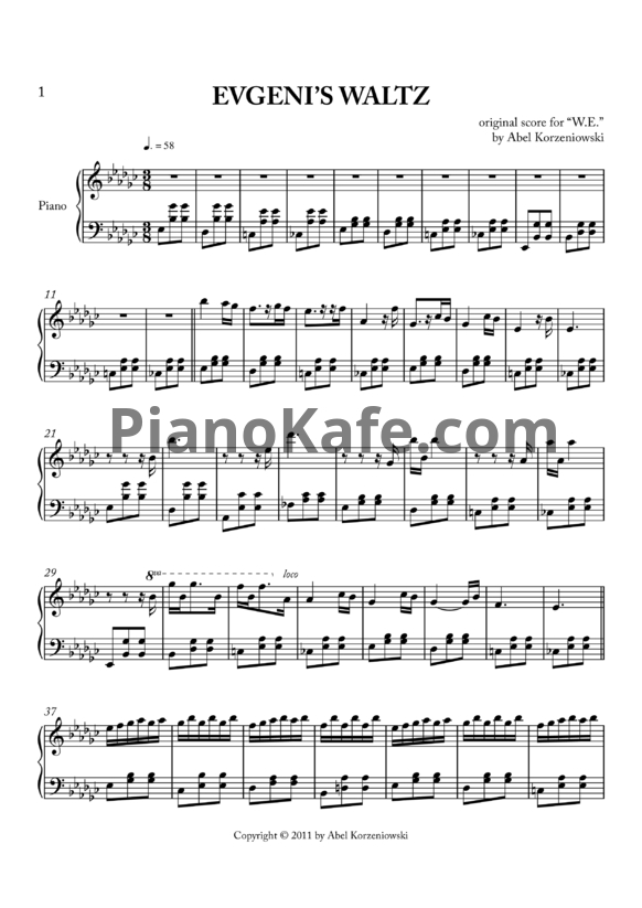 Ноты Abel Korzeniowski - Evgeni's waltz - PianoKafe.com