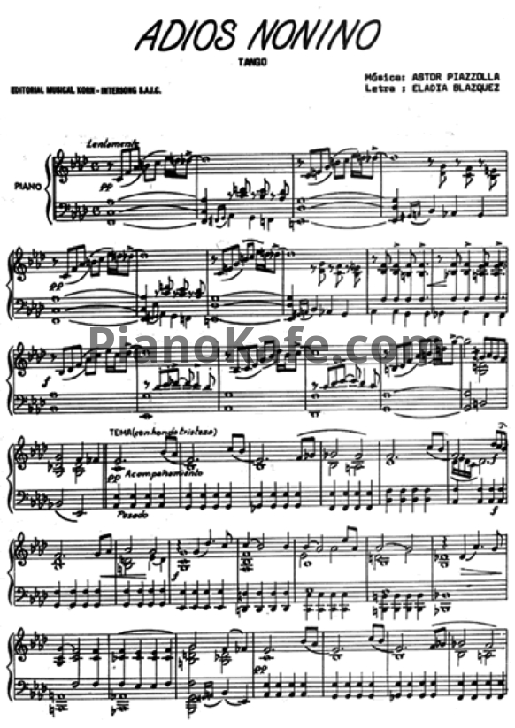 Ноты Astor Piazzolla - Adios nonino (Tango) - PianoKafe.com