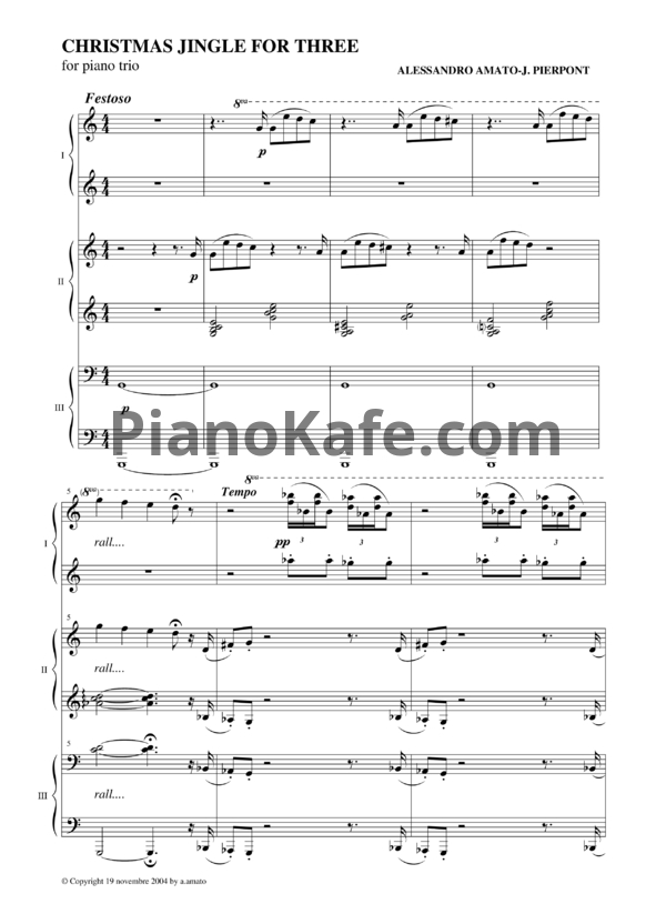 Ноты James Pierpont - Jingle Bells (для 1 фортепиано в 6 рук) - PianoKafe.com