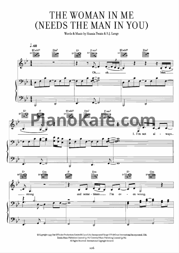 Ноты Shania Twain - The woman in me (Needs the man in you) - PianoKafe.com