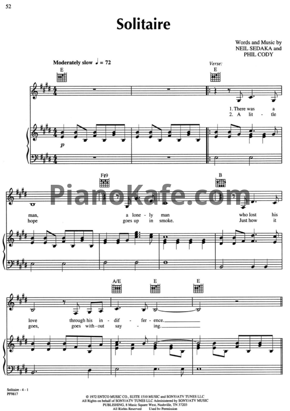 Ноты The Carpenters - Solitaire - PianoKafe.com