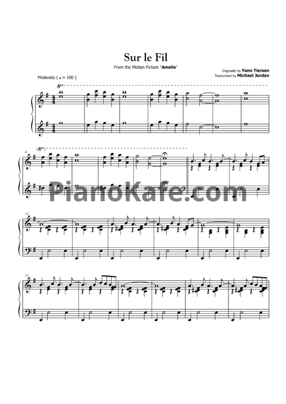 Ноты Yann Tiersen - Sur le fil (Transcribed by Michael Jordan) - PianoKafe.com