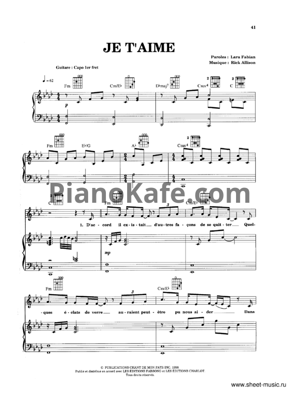 Ноты Lara Fabian - Je T'aime - PianoKafe.com